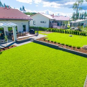Vihreä nurmi talon takapihalla